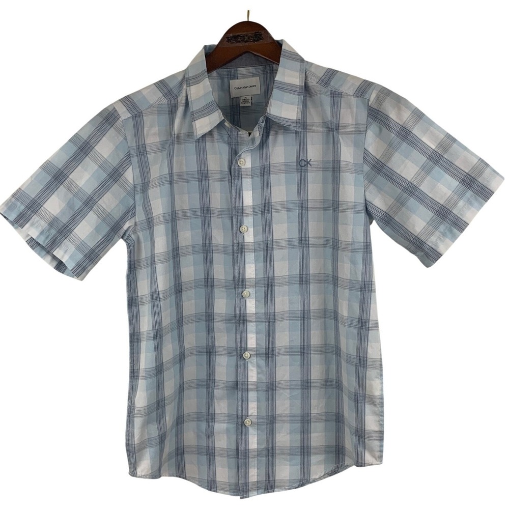 Calvin‎ Klein Jeans Boys XL 18/20 Blue Plaid Short Sleeve Button Shirt